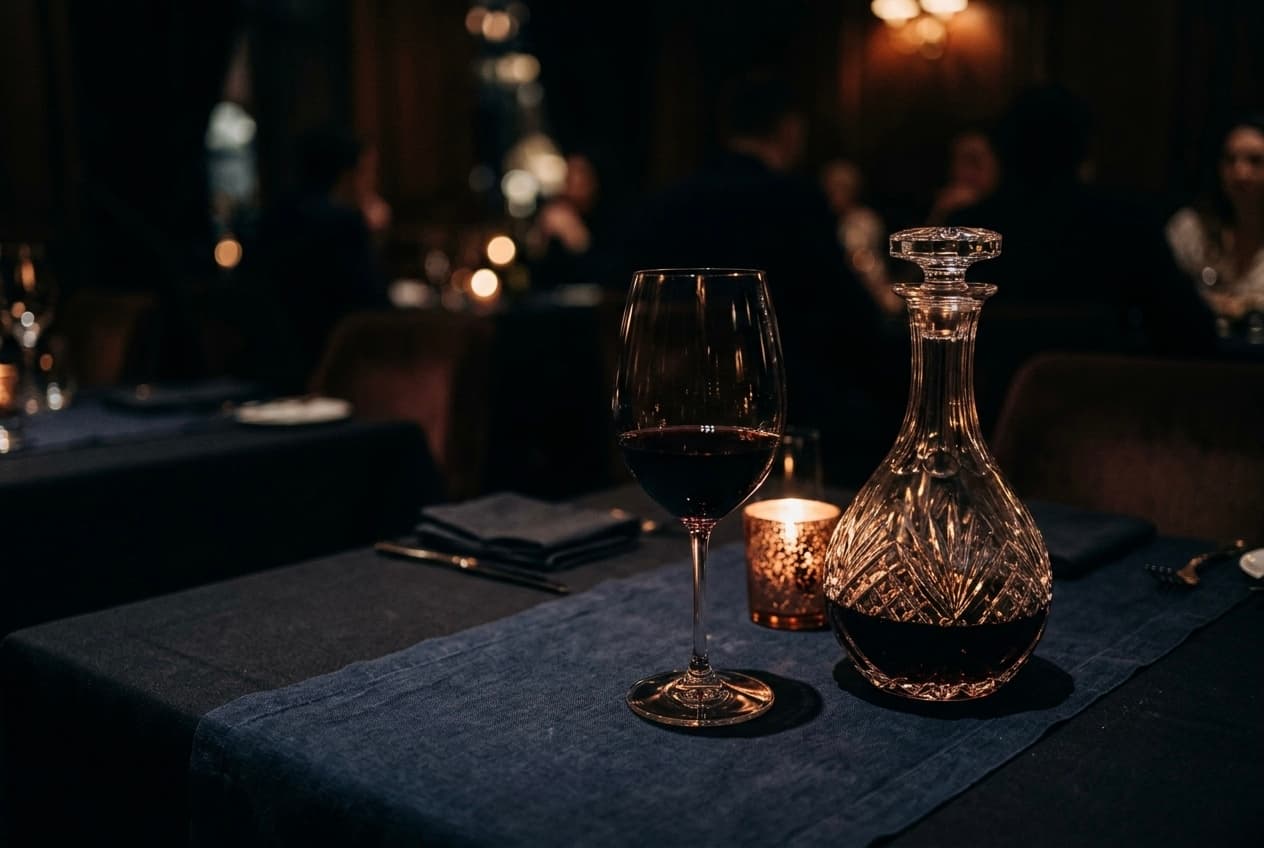 Un verre de vin et une carafe en cristal dans la pénombre d'Onyx